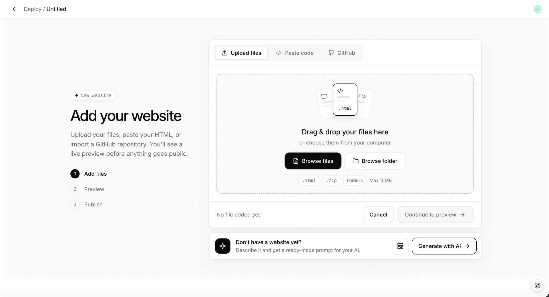 Tulvo's Add your website screen with Upload files, Paste code and GitHub tabs, a drag-and-drop area, Browse files and Browse folder buttons, and a Generate with AI option